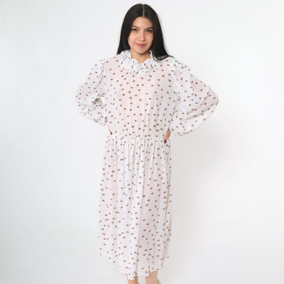 Vintage White Polka Dot Dress 80s Semi-Sheer Puff Sleeve Midi Dress Ruffle Collar 1980s High Waist Slouchy Blouson 1980s Secretary Medium M