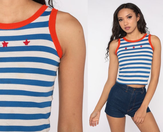 70s Tank Top Starfish Shirt White Blue Striped Shirt Tee Ringer Tee Shirt Retro Top Sleeveless Bohemian 1970s Vintage 2xs xxs