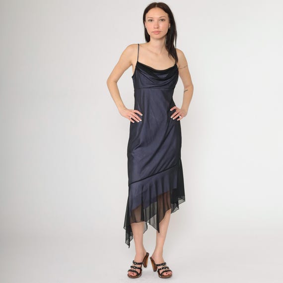 Y2K Black Mesh Dress Spaghetti Strap Asymmetrical Hem Midi Party Cowl Neck Sheer Vintage Empire Waist Lavender Going Out Formal Medium Large