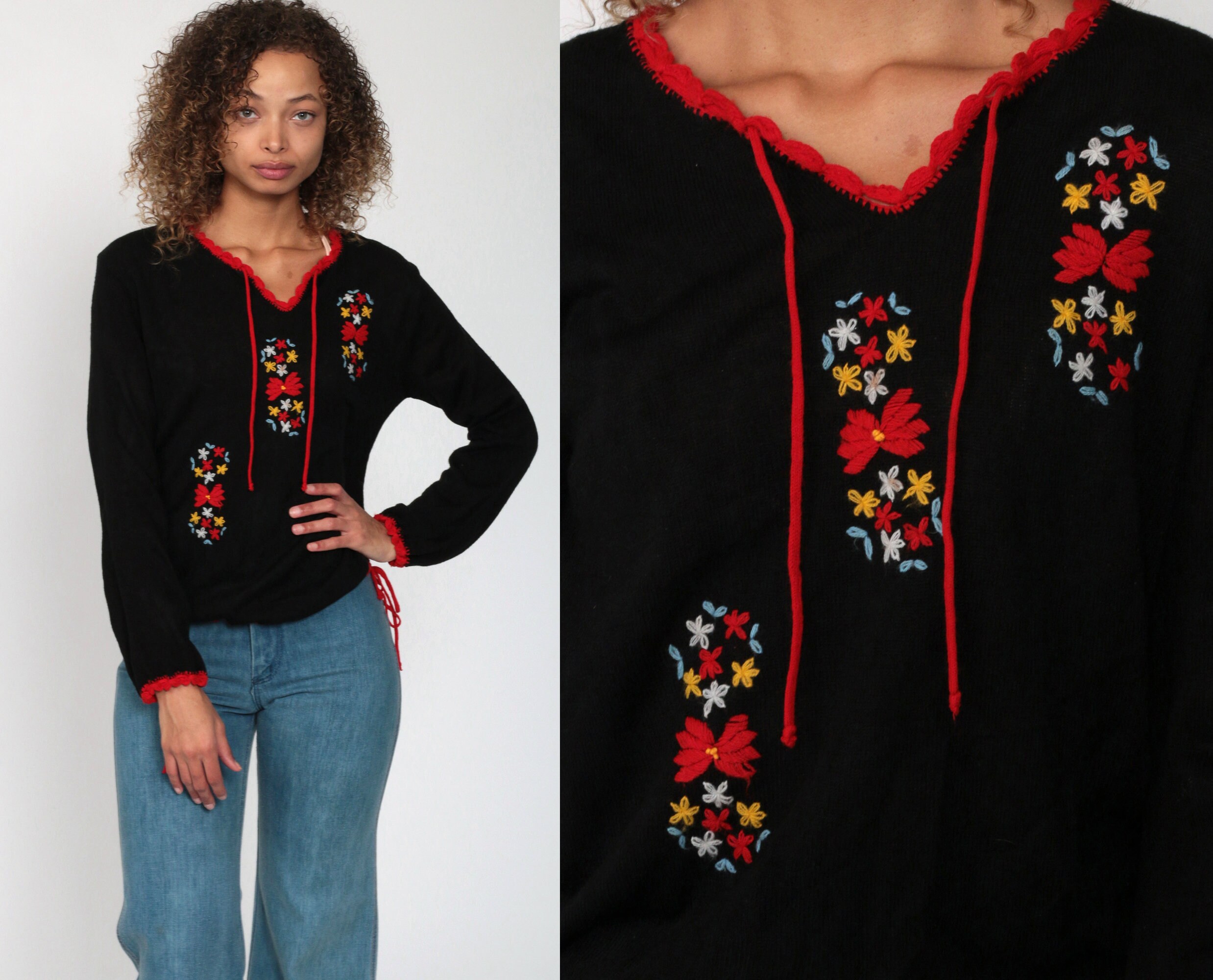 Floral Embroidered Sweater Boho Sweater 70s Black Red Keyhole Neck Tie Long Sleeve Bohemian 