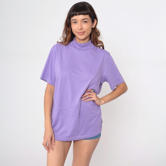 90s Purple Mock Turtleneck Short Sleeve Oversized Boxy Top Lavender Shirt Minimalist Clean Girl Coquette Solid Color Vintage Tunic Large L