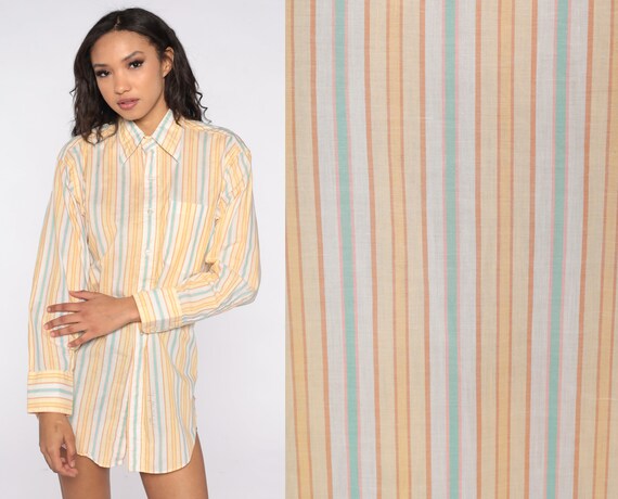 70s Striped Shirt Ford Maverick Shirt White Yellow Shirt Long Sleeve Top Dagger Collar Button Up 1970s Collared Men's Medium