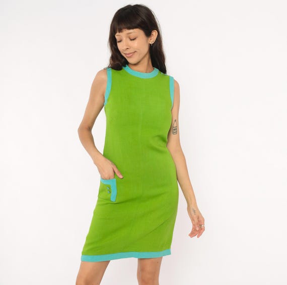 60s Mod Shift Dress Lime Green Aqua Blue Trim Cotton Pocket Mini Colorblock Collegiate Chartreuse Mint Twiggy Go Go Vintage Extra Small XS