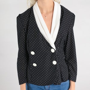 Polka Dot Blouse 80s Double Breasted Black Top Button Up Shirt Blouse Long Sleeve Vintage 1980s Blazer Top V Neck White Medium 8 image 8