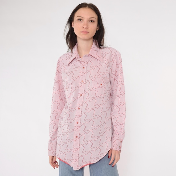70s Miller Western Shirt Pink Red Geometric Pearl Snap Shirt Long Sleeve Button Up Retro Op Art Rodeo Cowboy Vintage 1970s Men's 16 34