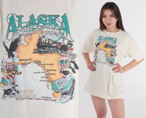 Alaska T-Shirt 90s Alaskan Map TShirt Bad Eagle Puffin Whale Graphic Tee Retro USA Travel T Shirt Cream Cotton Vintage 1990s Jerzees Large