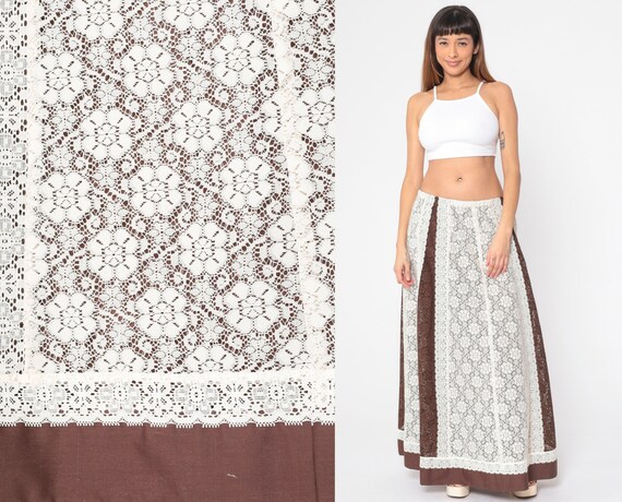 Long Lace Skirt 70s Maxi Prairie Skirt Brown White Boho Floral High Waisted Full Bohemian Girly Hippie Victorian Vintage 1970s Medium Large
