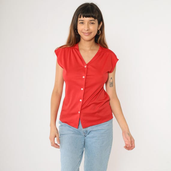 80s Button Up Shirt Red Blouse Short Cap Sleeve Top Vintage Basics Retro Plain Normcore V Neck Classic Minimal 1980s Medium