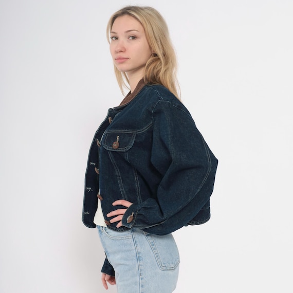 90s Denim Jacket Cropped Button Front Scalloped H… - image 4