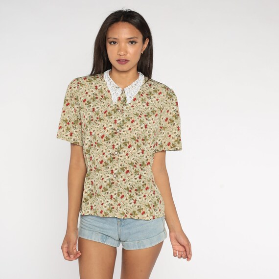 Floral Blouse 80s 90s Lace Collar Shirt Green Red White Granny Button Up Shirt Boho Top Short Sleeve Top 1980s Vintage Large