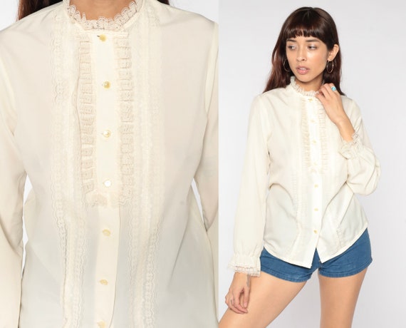 Tuxedo Lace Blouse 70s Cream Victorian Shirt Button Up Boho Hippie Shirt Formal Party Bohemian Blouse Vintage 1970s Long Sleeve Small S