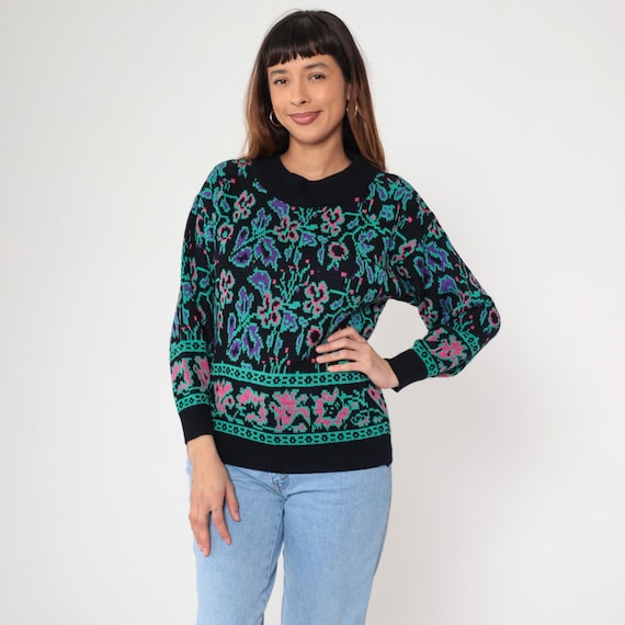80s Abstract Floral Sweater Vintage 1980s Black Jacquard Knit Jumper Green Purple Pink 1990s Statement Grunge Pullover Crewneck Small