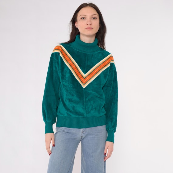 Vintage Striped Velour Sweater 80s Green Chevron Turtleneck Pullover Retro Long Sleeve Sweatshirt Top 1980s Orange Retro Medium