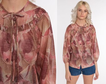 70s Metallic Shirt Pink Abstract Print Blouse Ascot Bow Boho Top Hippie Psychedelic Print 1970s Vintage Bohemian Button Up Small S