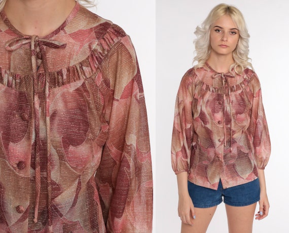 70s Metallic Shirt Pink Abstract Print Blouse Asc… - image 1
