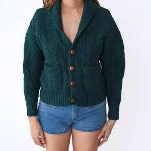 Cable Knit Cardigan 80s Dark Green Wool Sweater Wooden Button Up Grandpa Chunky Cableknit Cozy Fall Winter Basic Plain Vintage 1980s Small S image 6