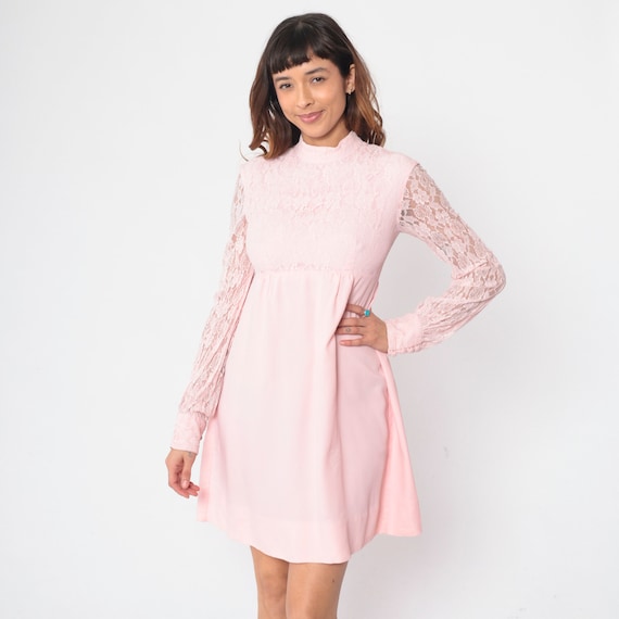 Pink Lace Babydoll Dress 60s 70s Mini Dress Long Sheer Sleeve Pastel High Neck Empire Waist Party Prom 1970s Vintage Romantic Small S