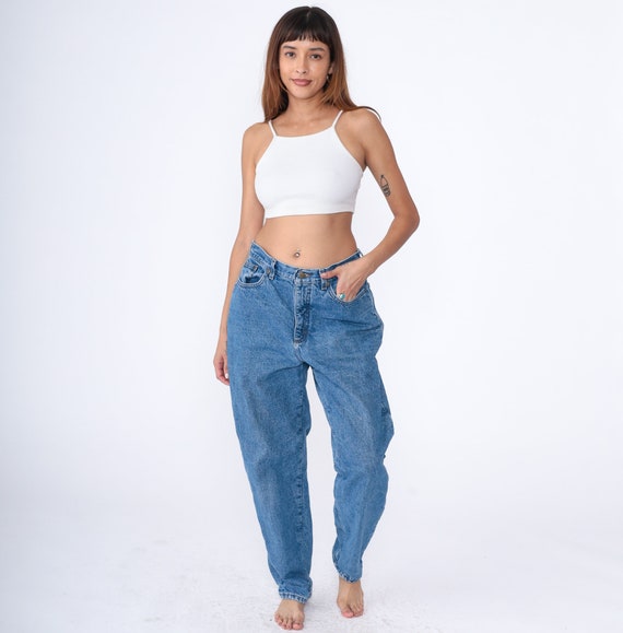 90s L.L. Bean Jeans Flannel Lined High Waist Jeans Blue Denim Mom Jeans 1990s Vintage Tapered Denim Retro Cotton Large 14 MT 32 x 31