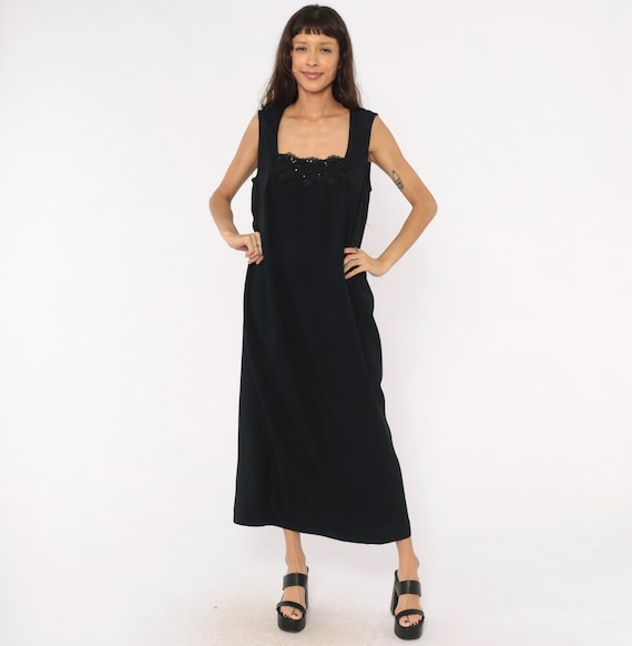 90s Sequin Lace Neckline Black Maxi Dress Column Gown Beaded Applique Evening Formal Cocktail Party Straight Fit Vintage Plus Size 1X