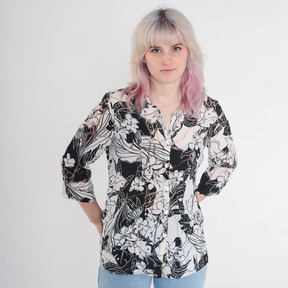 Sheer Floral Blouse Y2K White Black Button Up Top Boho Retro Feminine Bohemian 3/4 Sleeve Romantic Party Chic Vintage 00s Medium M