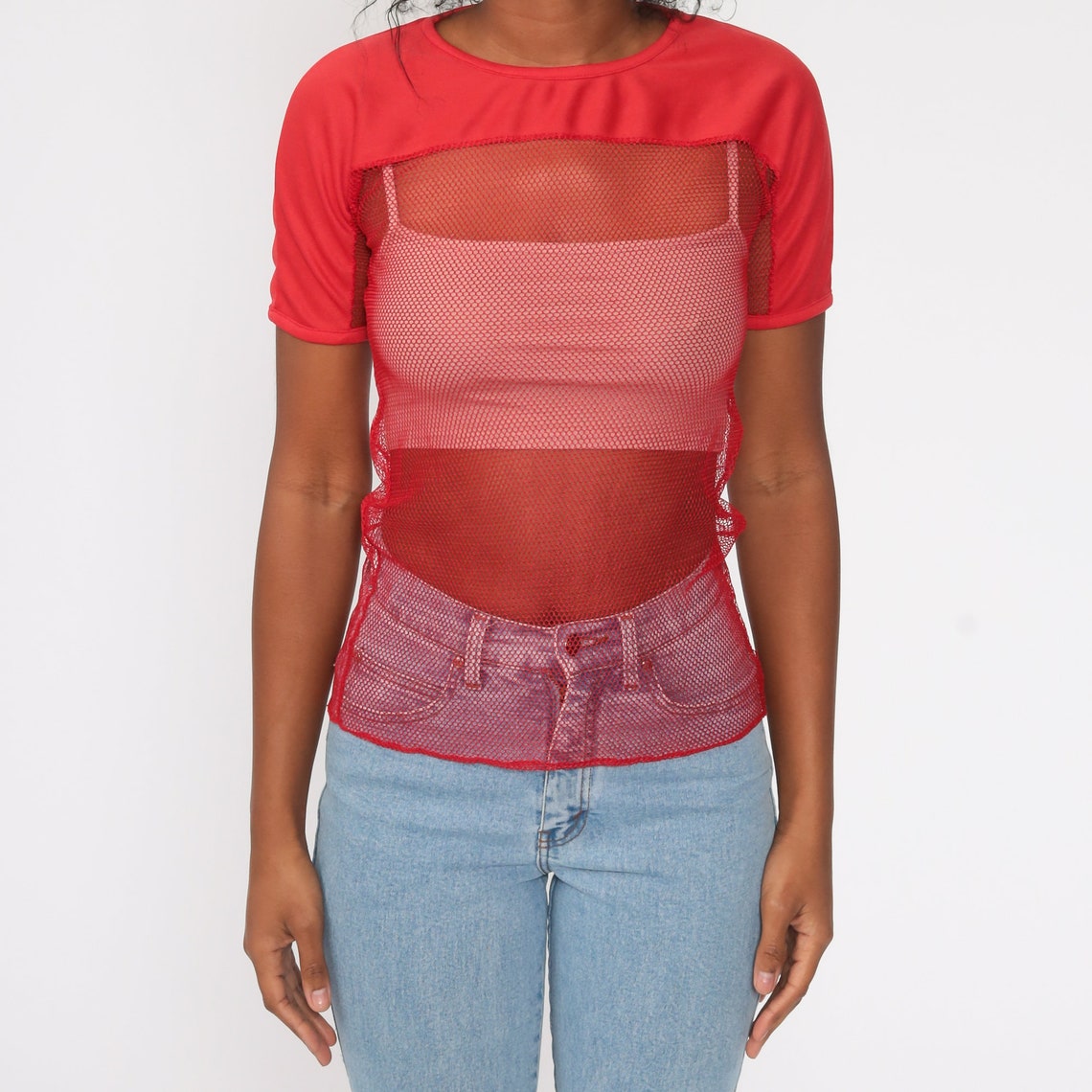 Red Mesh Shirt SHEER Shirt 80s Retro Shirt Short Sleeve Top Etsy