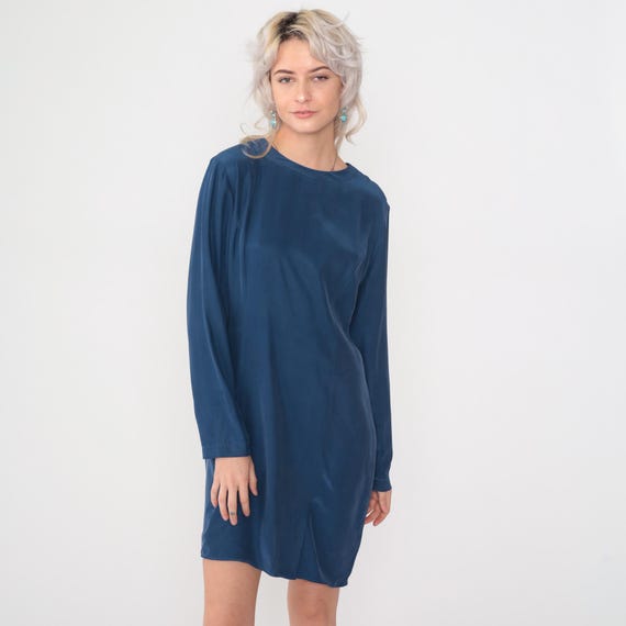 Vintage Dark Blue Silk Dress 90s Mini Shift Dress Retro Plain Long Sleeve Sheath Pencil Dress Chic Classic Simple 1990s Medium 8