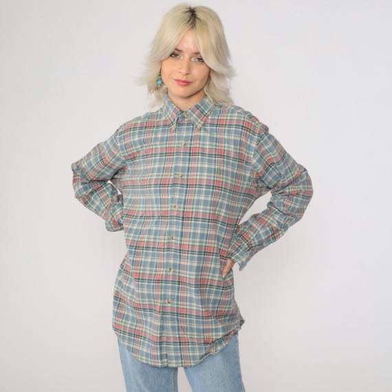 Vintage Ralph Lauren Plaid Shirt 90s Button up Shirt Pink Blue Cream Long Sleeve Shirt Lumberjack Streetwear Polo Checkered 1990s Medium