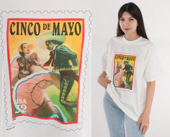 Cinco De Mayo Shirt 90s USPS Stamp T-Shirt Mexican Holiday Graphic Tee Mexico Post Office TShirt Screen Print Retro White Vintage 1990s XL