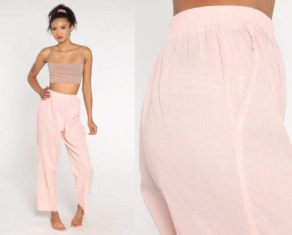 Baby Pink Trousers 80s Tapered Straight Leg Pants High Elastic Waisted Trousers Pastel 1980s Vintage Slacks Cotton Blend Small Medium