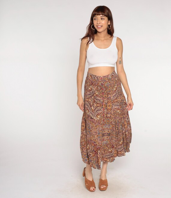 90s Paisley Print Skirt Button Front High Waisted Brown Purple Gold Blue Cream Multicolor Cottagecore Prairie Hippie Boho Vintage Medium M