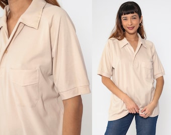 Polo beige clair des années 80, chemise à col en V sans bouton à manches courtes, rétro décontracté basique uni, vintage des années 80, par quatre, très grand XL pour homme