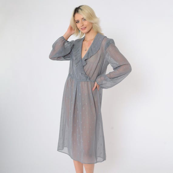 Vintage 80s Sheer Wrap Dress Grey Metallic Ruffle Collar Midi Puff Sleeve Deep V Neck High Waisted Party Cocktail Boho 1980s Large 12