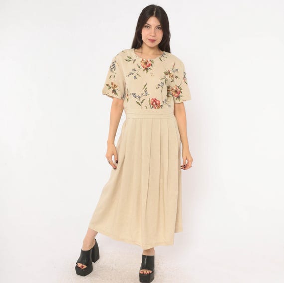 90s Floral Midi Dress Cream Rose Short Sleeve Pleated Tie Back Olive Green Prairie Cottagecore Garden Party Summer Fitted A Line Large L