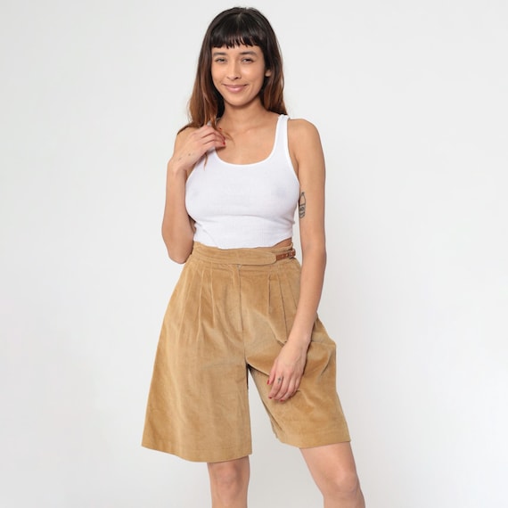 80s Wide Leg Corduroy Shorts Tan Pleated High Waisted Trouser Shorts Baggy Retro Shorts 1980s Vintage Bohemian Buckle Strap Small