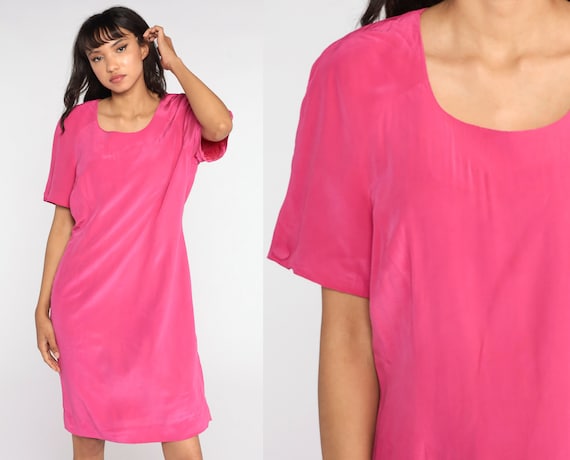 Pink Silk Dress 80s Sheath Dress Short Sleeve Dress Mini Dress 1980s Vintage Large