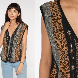 80s Vest Top Animal Print Blouse Floral Embroidered Striped Sleeveless Shirt 1980s Statement Shirt Leopard Snake Vintage Hipster Retro Large