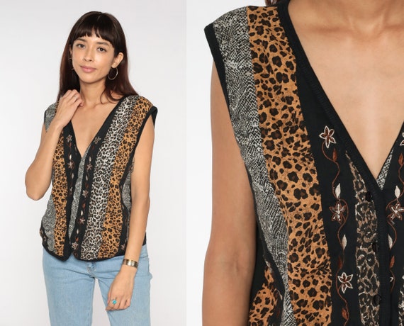 80s Vest Top Animal Print Blouse Floral Embroidered Striped Sleeveless Shirt 1980s Statement Shirt Leopard Snake Vintage Hipster Retro Large
