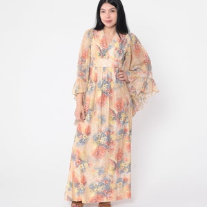 70s Floral Maxi Dress Boho Angel Sleeve V Neck Empire Waist Hippie ...