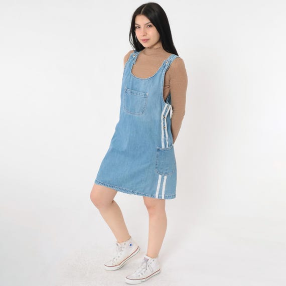 Vintage Jean Jumper Dress Y2k Striped Denim Mini Blue Overall Dress Retro Mini Pinafore Shift Pocket Sleeveless Smock 00s Rue21 Medium M