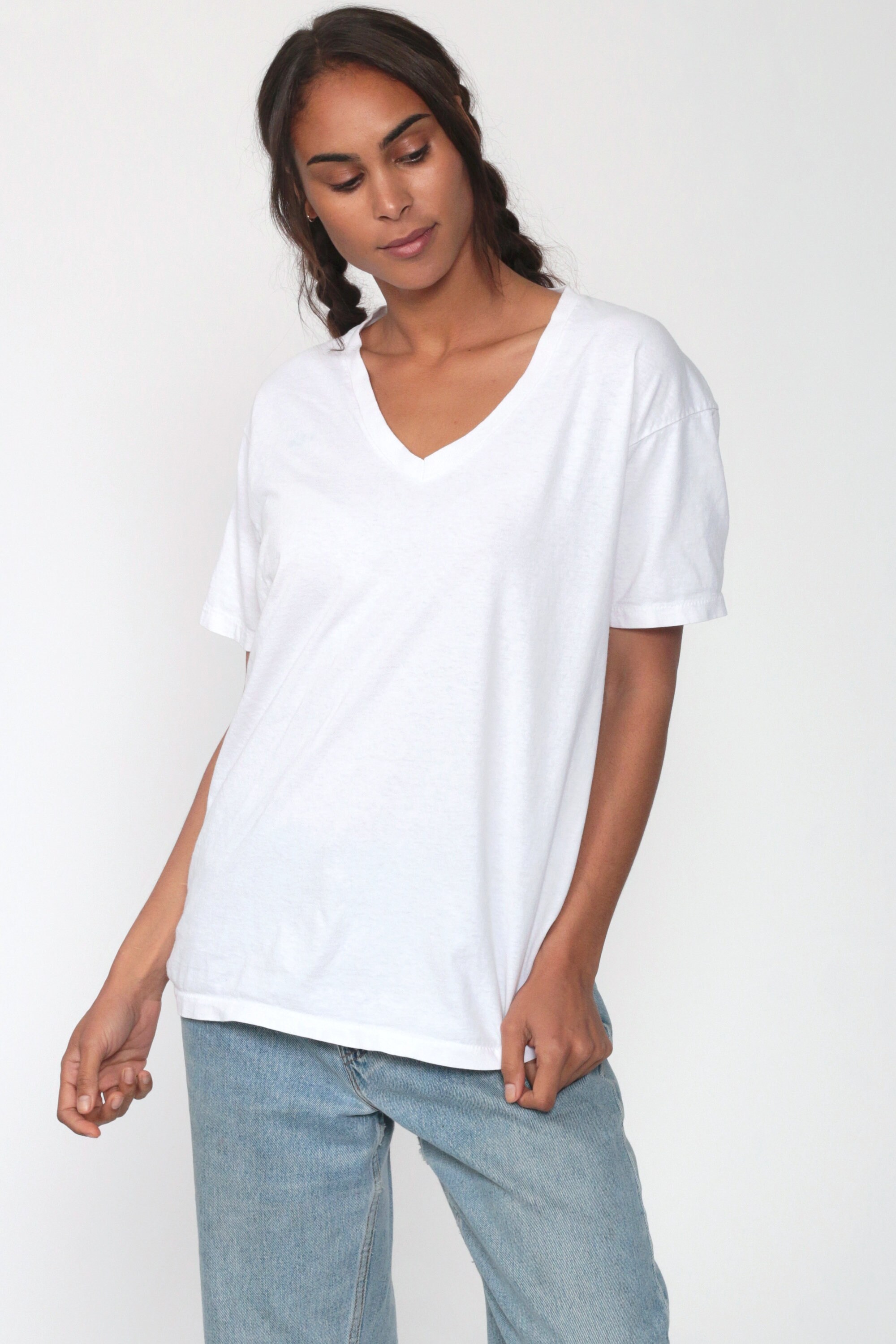 White TShirt Burnout Tee Shirt Hanes Shirt Plain Tshirt Vintage V Neck Tee 90s Grunge Soft Sheer 