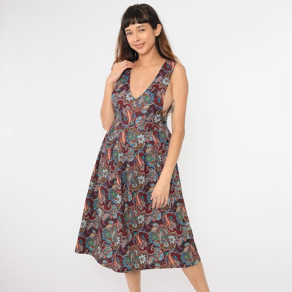 Vintage Paisley Jumper Dress 80s Midi Dress Low Armhole Pinafore Button Side Deep V Neck Cotton 1980s High Waist Sleeveless Small Petite 6