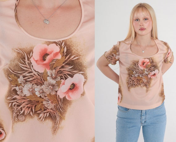 Pink Floral Top 70s Boho Blouse Short Sleeve Scoo… - image 1