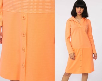 60s Mod Dress Orange Drop Waist Polka Dot Space Age Shift 70s Mini Scooter Sixties Twiggy Long Sleeve Vintage Minidress Medium