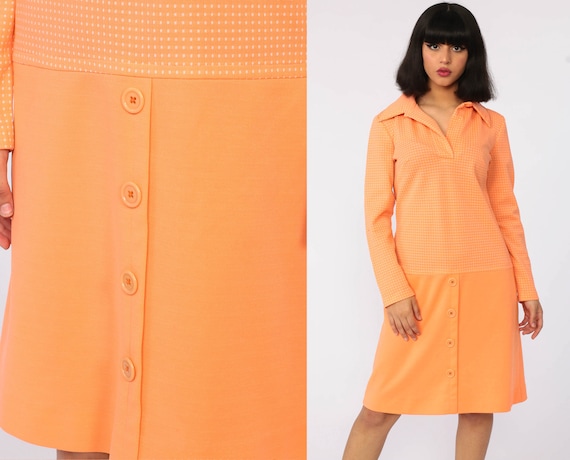 60s Mod Dress Orange Drop Waist Polka Dot Space Age Shift 70s Mini Scooter Sixties Twiggy Long Sleeve Vintage Minidress Medium