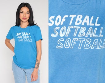 80s Softball Shirt Blue Single Stitch Shirt Graphic Tee Vintage Sports 1980s Tshirt Retro T Shirt Crewneck Sporty Small Medium