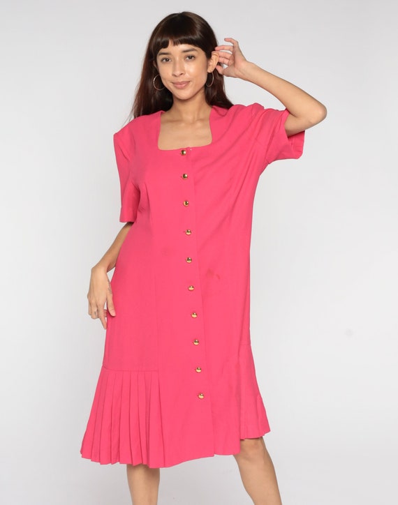 Bright Pink Dress Liz Claiborne Dress Drop Waist Button Up Dress 80s Midi Short Sleeve Dress 1980s Vintage Shift Pleated Extra Large xl 16