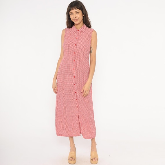 90s Gingham Shirtdress Red White Check Maxi Button Front Sleeveless Dress Tie Back Summer Cotton  Cherokee Plaid Shirt Vintage Large L