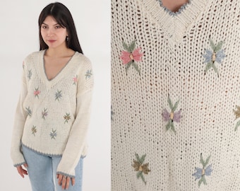 Floral Embroidered Sweater 90s Cream Pullover Knit Sweater V Neck Pink Flower Print Retro Slouchy Grandma Ramie Acrylic Vintage 1990s Large