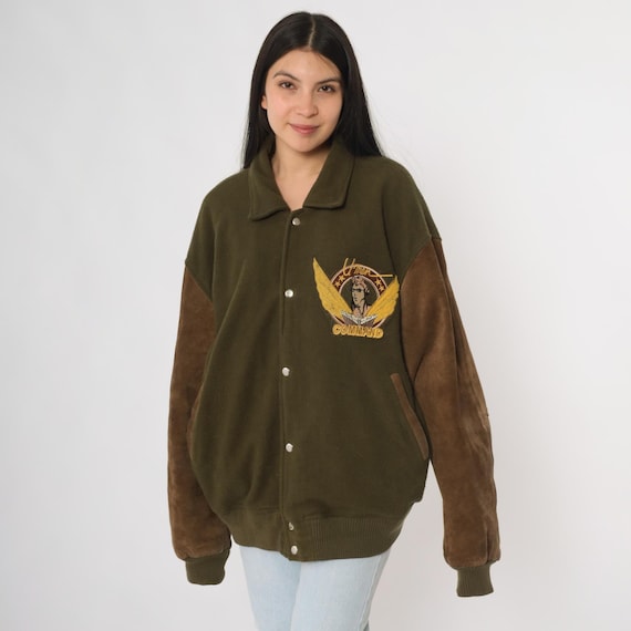 80s Aviator Jacket Green Brown Bomber Style Snap Front Suede Sleeves Pilot Graphic Embroidery Combat Military Inspired XL Extra Large