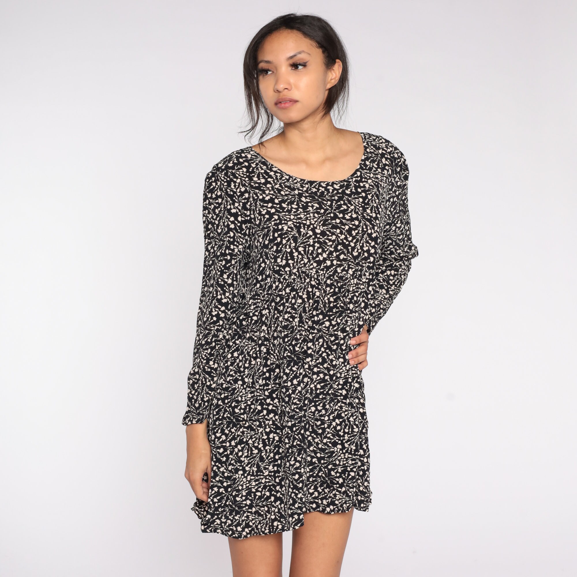 Floral Babydoll Dress 90s Mini Black Rayon Dress Grunge EMPIRE Waist